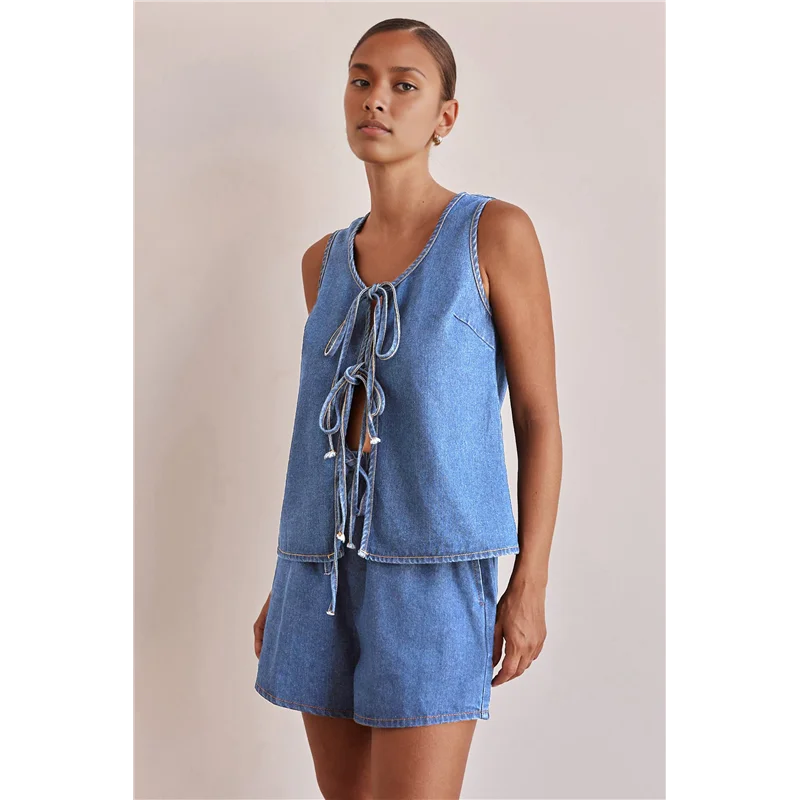 ABRT-Women Tie Front Top 2 Piece Outfit Denim Set Sleeveless Deep V Neck Vest Jean Elastic Waist Shorts Sets
ABRT-Women Tie Front Top 2 Piece Outfit Denim Set Sleeveless Deep V Neck Vest Jean Elastic Waist Shorts Sets