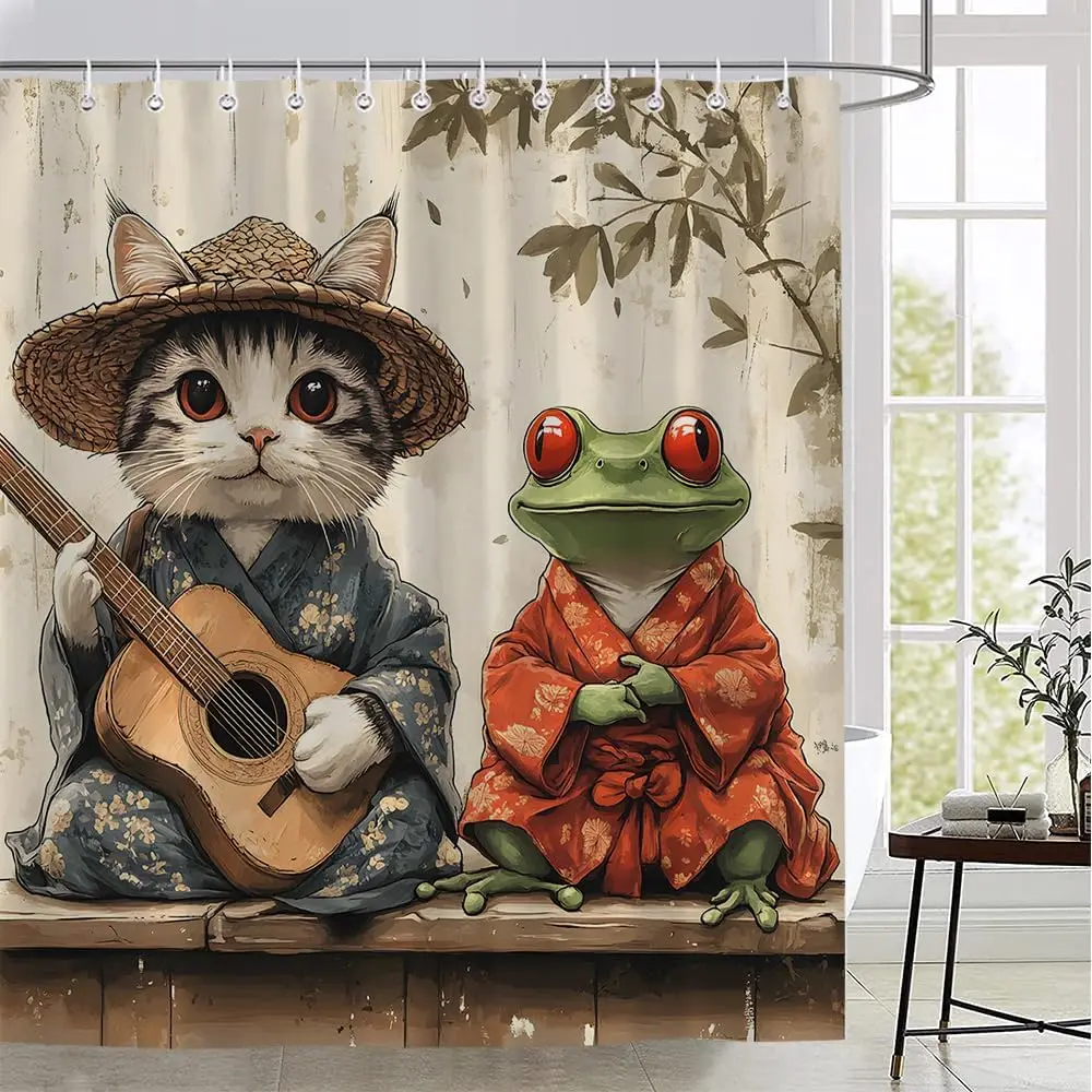 Funny Cat Frog Shower Curtain Cute Kitten and Frog Playing Guitar Vintage Japanese Animal Green Leaf Plant Asian Rustic Abstract
Funny Cat Frog Shower Curtain Cute Kitten and Frog Playing Guitar Vintage Japanese Animal Green Leaf Plant Asian Rustic Abstract