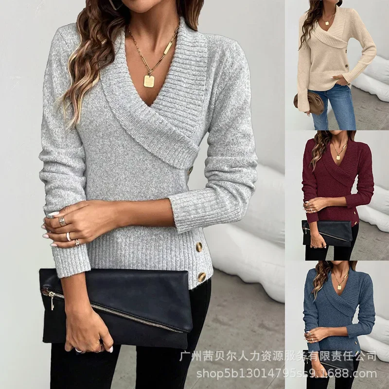 Women Knit Sweater Lapel V-Neck Button Decor Long Sleeve Pullover Top Autumn Winter Jumpers Cross Pullovers Work Sweaters
Women Knit Sweater Lapel V-Neck Button Decor Long Sleeve Pullover Top Autumn Winter Jumpers Cross Pullovers Work Sweaters