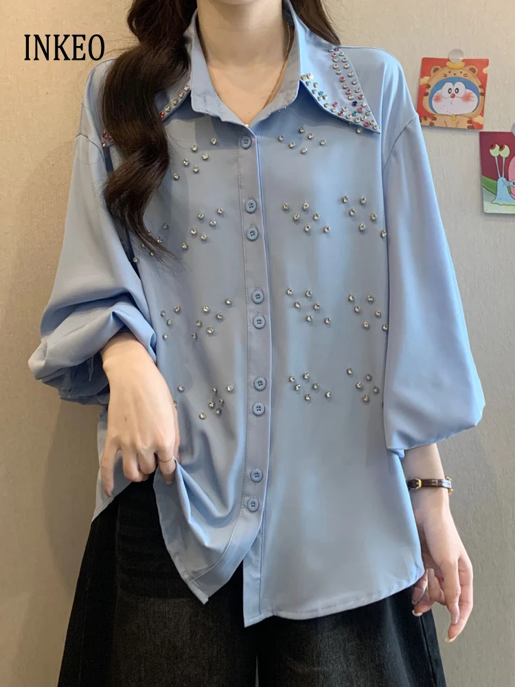 Vintage Rhinestone puff sleeve shirt Women's 2025 Summer Fashion Loose Turn down collar blouse Solid Color tops INKEO 5T066
Vintage Rhinestone puff sleeve shirt Women's 2025 Summer Fashion Loose Turn down collar blouse Solid Color tops INKEO 5T066