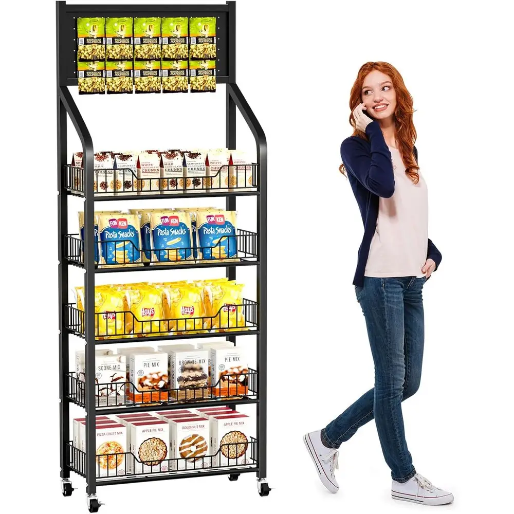 65" 5 Tier Snack Rack Display Stand with Hooks & Wheels, Metal Retail Display Shelf for Chips, Snacks, Candy, Metal Snack Shelf
65" 5 Tier Snack Rack Display Stand with Hooks & Wheels, Metal Retail Display Shelf for Chips, Snacks, Candy, Metal Snack Shelf