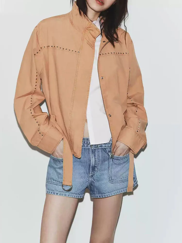 Spring 2026 Women's Fashion Long Sleeve Stand Collar Color Block Rivet Belted Jacket New Arrival Versatile Outerwear Short Style
Spring 2026 Women's Fashion Long Sleeve Stand Collar Color Block Rivet Belted Jacket New Arrival Versatile Outerwear Short Style