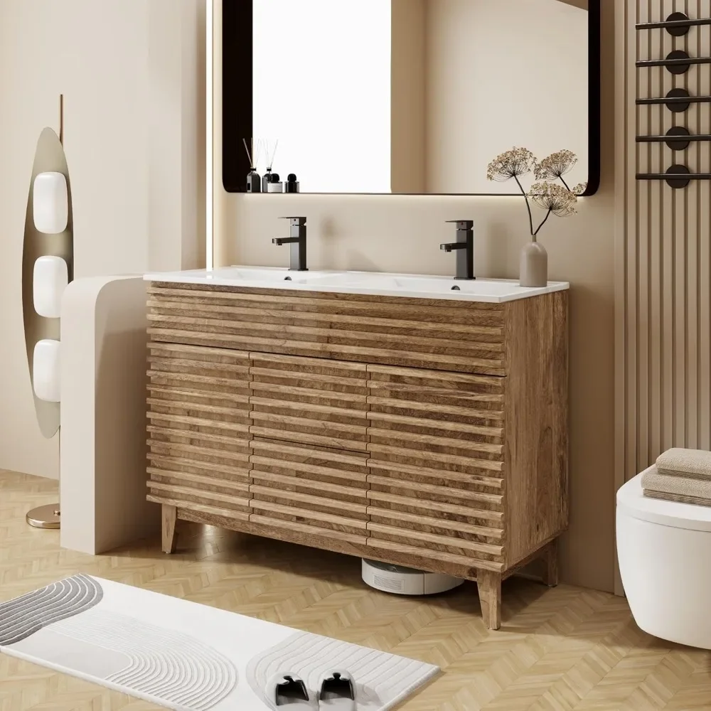 48" Mid - Century Freestanding Bathroom Vanity Sink Combo – Wood Stripes Decor Cabinet & Adjustable Shelf 
48" Mid - Century Freestanding Bathroom Vanity Sink Combo – Wood Stripes Decor Cabinet & Adjustable Shelf