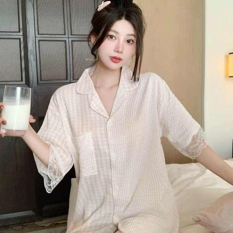New Princess Style Summer Clouds Cotton Sweet Pajamas Female Short-Sleeved Temperament Cardigan Plaid Simple Homewear Suit
New Princess Style Summer Clouds Cotton Sweet Pajamas Female Short-Sleeved Temperament Cardigan Plaid Simple Homewear Suit