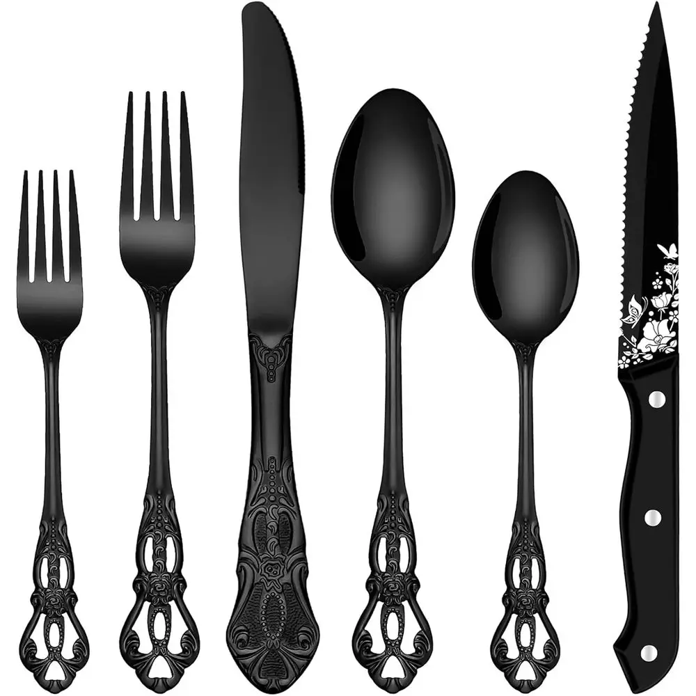 Elegant 48-Piece Black Silverware Set with Steak Knives, Vintage-Inspired Premium Stainless Steel Cutlery, Dishwasher Safe
Elegant 48-Piece Black Silverware Set with Steak Knives, Vintage-Inspired Premium Stainless Steel Cutlery, Dishwasher Safe