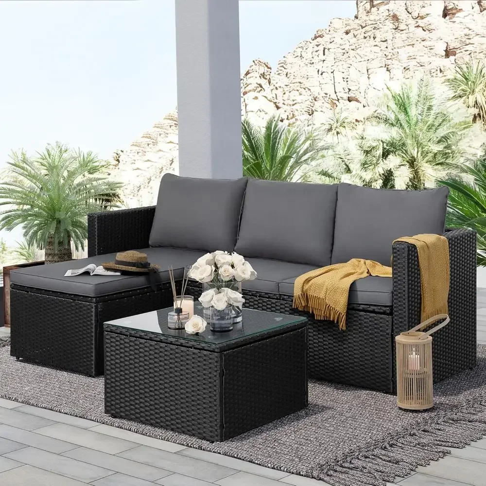 3-Piece Outdoor Sectional Sofa Set with Detachable Cushions, Patio Furniture with Glass Coffee Table and Ottoman, Black/Grey
3-Piece Outdoor Sectional Sofa Set with Detachable Cushions, Patio Furniture with Glass Coffee Table and Ottoman, Black/Grey