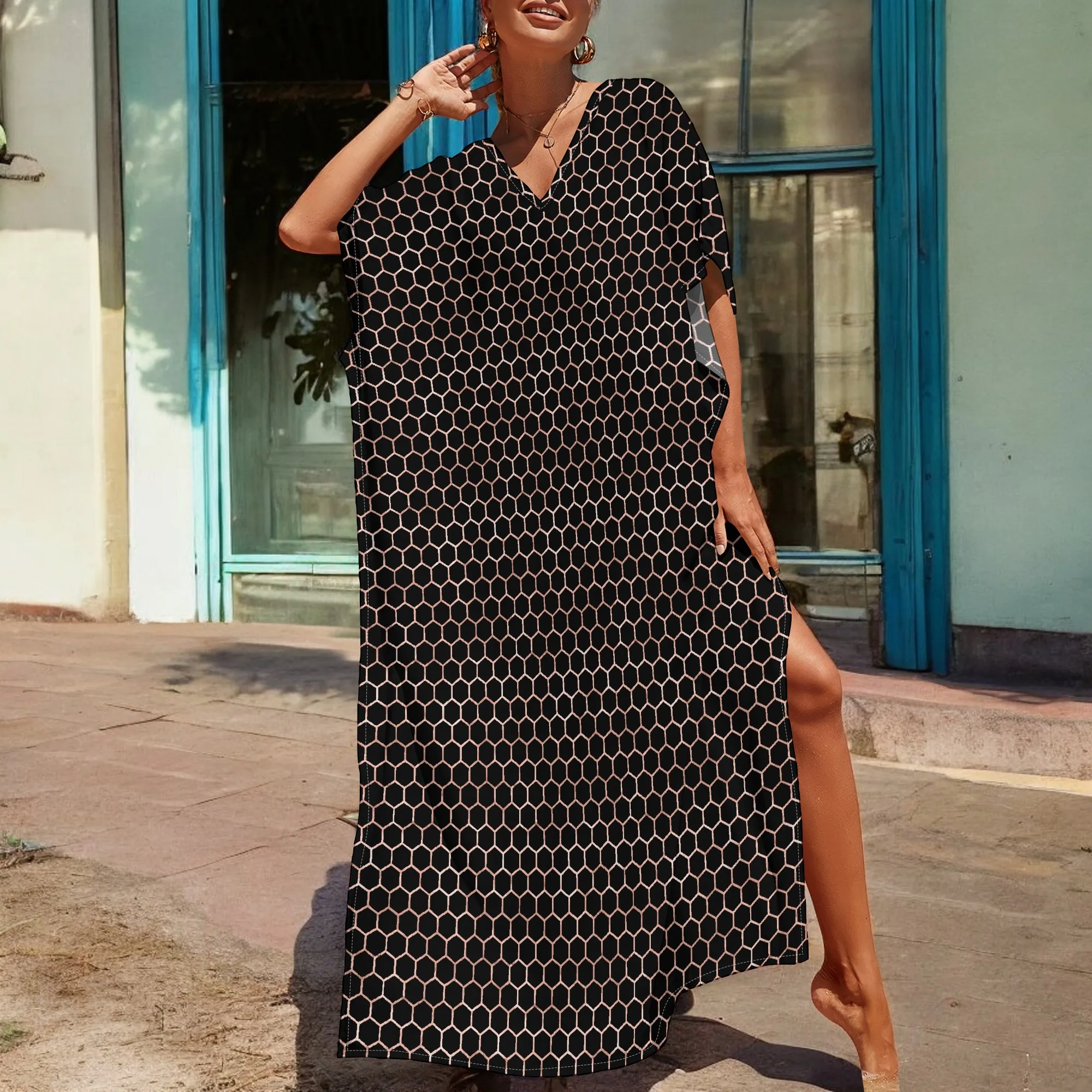 Honeycomb Print Black Kaftan Dress for Women Summer 2025 Loose Fit V-Neck Geometric Boho Long Robe for Beach or Casual S-3XL
Honeycomb Print Black Kaftan Dress for Women Summer 2025 Loose Fit V-Neck Geometric Boho Long Robe for Beach or Casual S-3XL