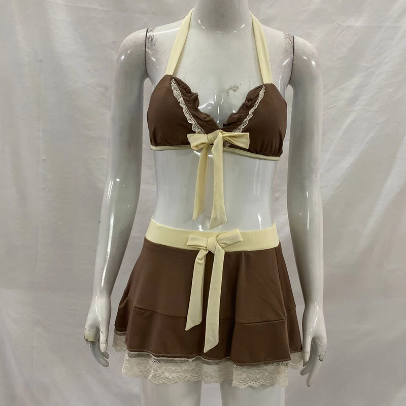 Lace Stitching Bow Hanging Neck Vest Simple Casual Color Matching Skirt Two Piece Summer Fashion Casual Spice Girl Party Bikini
Lace Stitching Bow Hanging Neck Vest Simple Casual Color Matching Skirt Two Piece Summer Fashion Casual Spice Girl Party Bikini