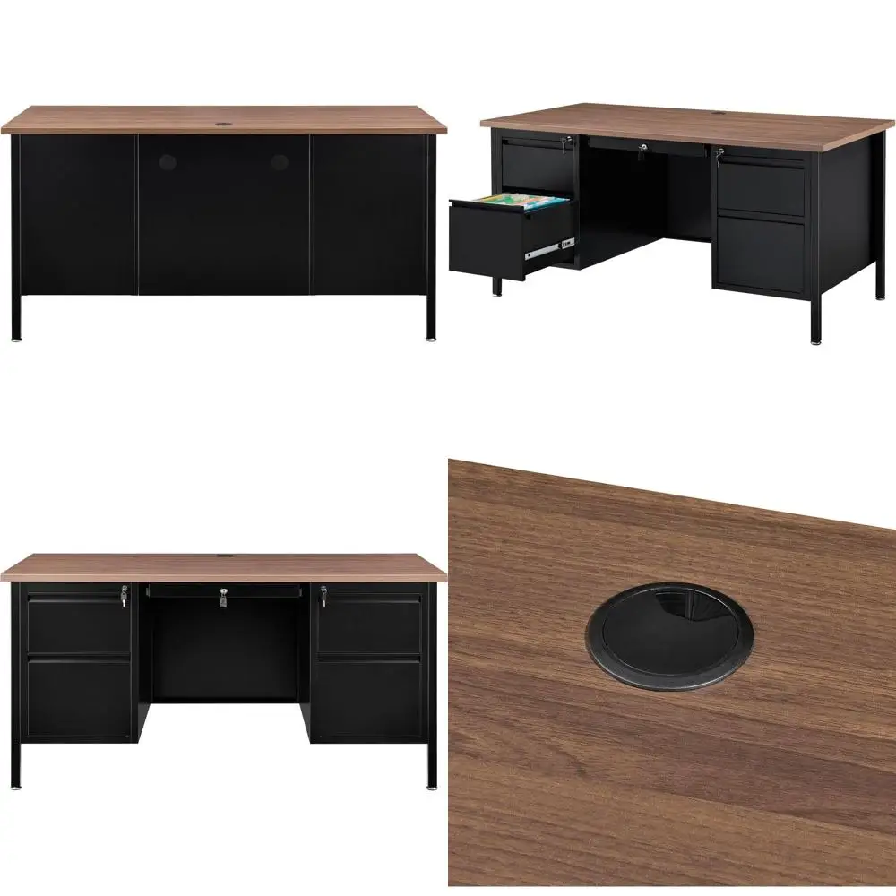 Walnut Top Steel Teacher Desk, 60W x 30D x 30.5H, Double Pedestal with 4 Locking Drawers
Walnut Top Steel Teacher Desk, 60W x 30D x 30.5H, Double Pedestal with 4 Locking Drawers