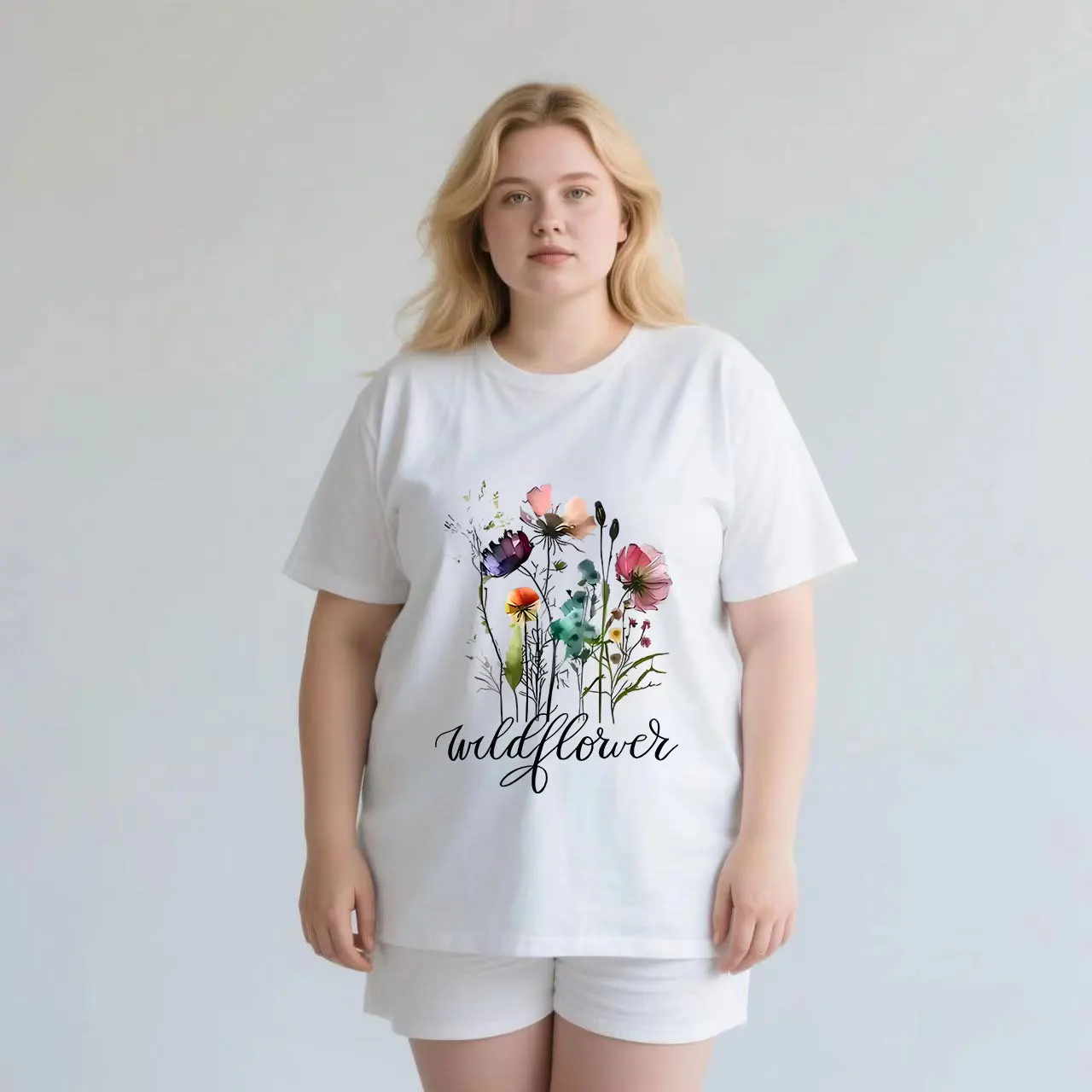 Letter+bouquet print for gentle commuting and casual wear plus size Ladies' casual short sleeved T-shirt white 
Letter+bouquet print for gentle commuting and casual wear plus size Ladies' casual short sleeved T-shirt white