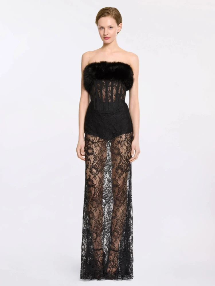 Sexy Strapless Feather Patchwork Lace Long Dress Women Black Sleeveless Backless Slim Dresses Evening Party Cocktail Gowns
Sexy Strapless Feather Patchwork Lace Long Dress Women Black Sleeveless Backless Slim Dresses Evening Party Cocktail Gowns