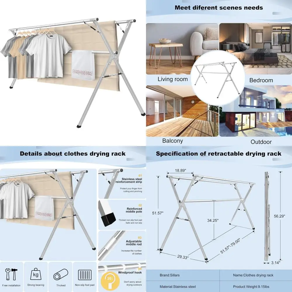 Сверхмощная сушилка для белья из нержавеющей стали, 94,5 дюйма, складная и складная для эффективной сушки одежды
Сверхмощная сушилка для белья из нержавеющей стали, 94,5 дюйма, складная и складная для эффективной сушки одежды