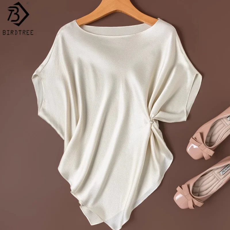 Birdtree, 93% Real Silk 7% Spandex Tshirt, Bias-cut Batwing Sleeve Tops, Women Pearl Satin Loose Shirt, 2026 Summer New T64338JF
Birdtree, 93% Real Silk 7% Spandex Tshirt, Bias-cut Batwing Sleeve Tops, Women Pearl Satin Loose Shirt, 2026 Summer New T64338JF