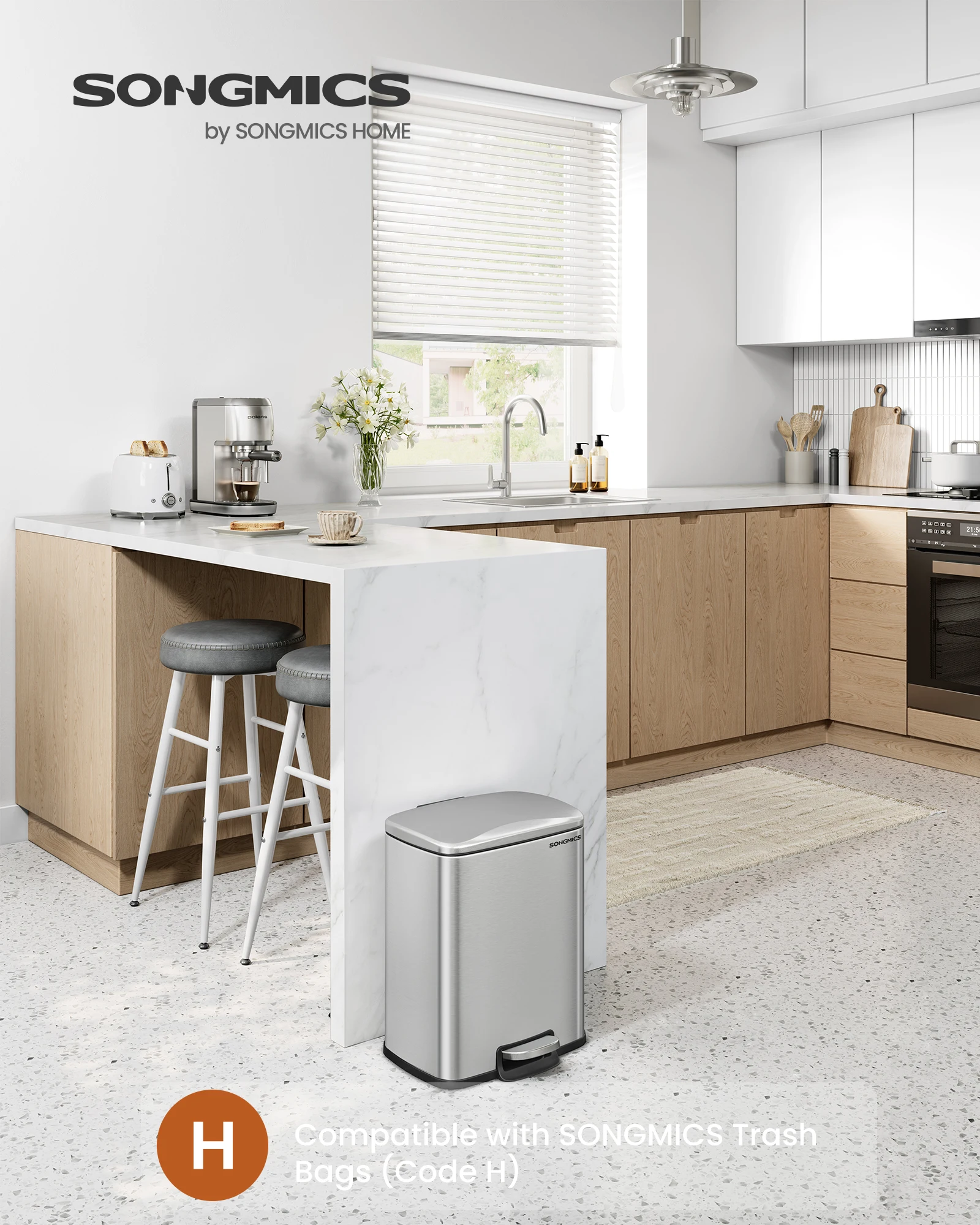 SONGMICS Trash Can, Garbage Can with Lid, 5.2-Gallon (20L) Step Trash Bin for Kitchen, Stainless Steel, Soft Close and Stays Ope
SONGMICS Trash Can, Garbage Can with Lid, 5.2-Gallon (20L) Step Trash Bin for Kitchen, Stainless Steel, Soft Close and Stays Ope