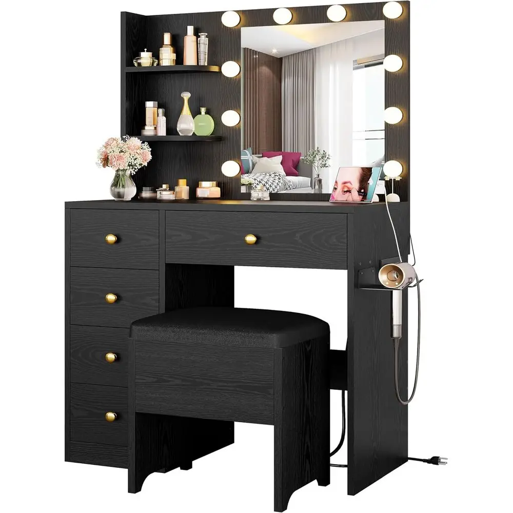 Compact Makeup Vanity Desk with Mirror, Lights, Drawers, Power Outlet, and Stool, Ideal for Small Spaces, Black
Compact Makeup Vanity Desk with Mirror, Lights, Drawers, Power Outlet, and Stool, Ideal for Small Spaces, Black