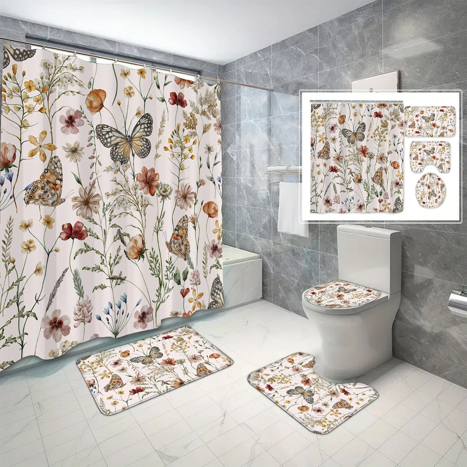 4-piece set of colorful flower butterfly waterproof printed shower curtains with 12 hooks, bathroom floor mats
4-piece set of colorful flower butterfly waterproof printed shower curtains with 12 hooks, bathroom floor mats