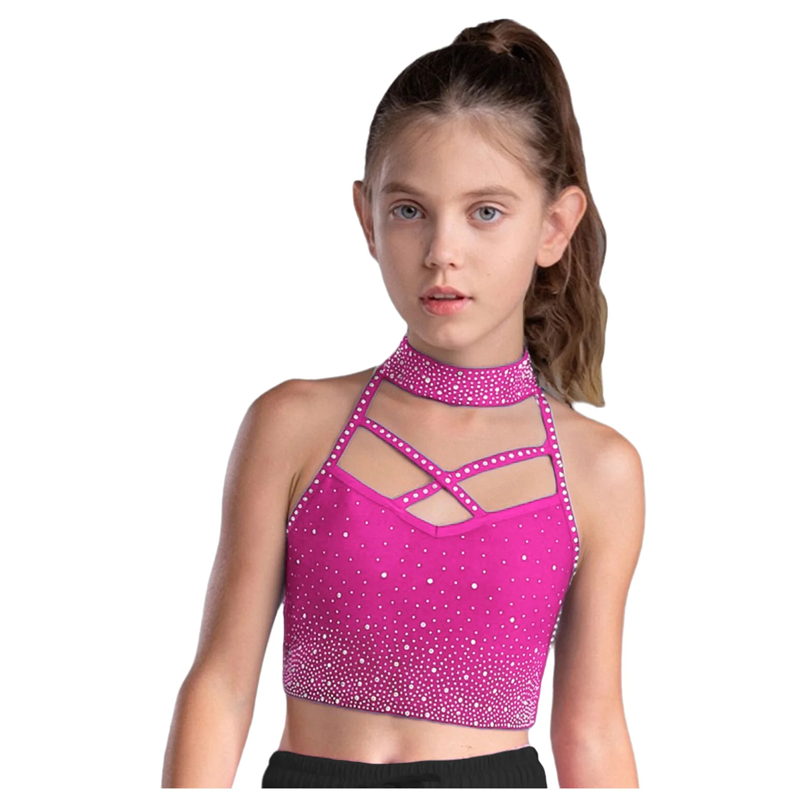 Kids Girl Halter Sleeveless Rhinestones Vest Cross Front Backless Crop Top for Yoga Gymnastics Dance Stage Performance Dancewear
Kids Girl Halter Sleeveless Rhinestones Vest Cross Front Backless Crop Top for Yoga Gymnastics Dance Stage Performance Dancewear