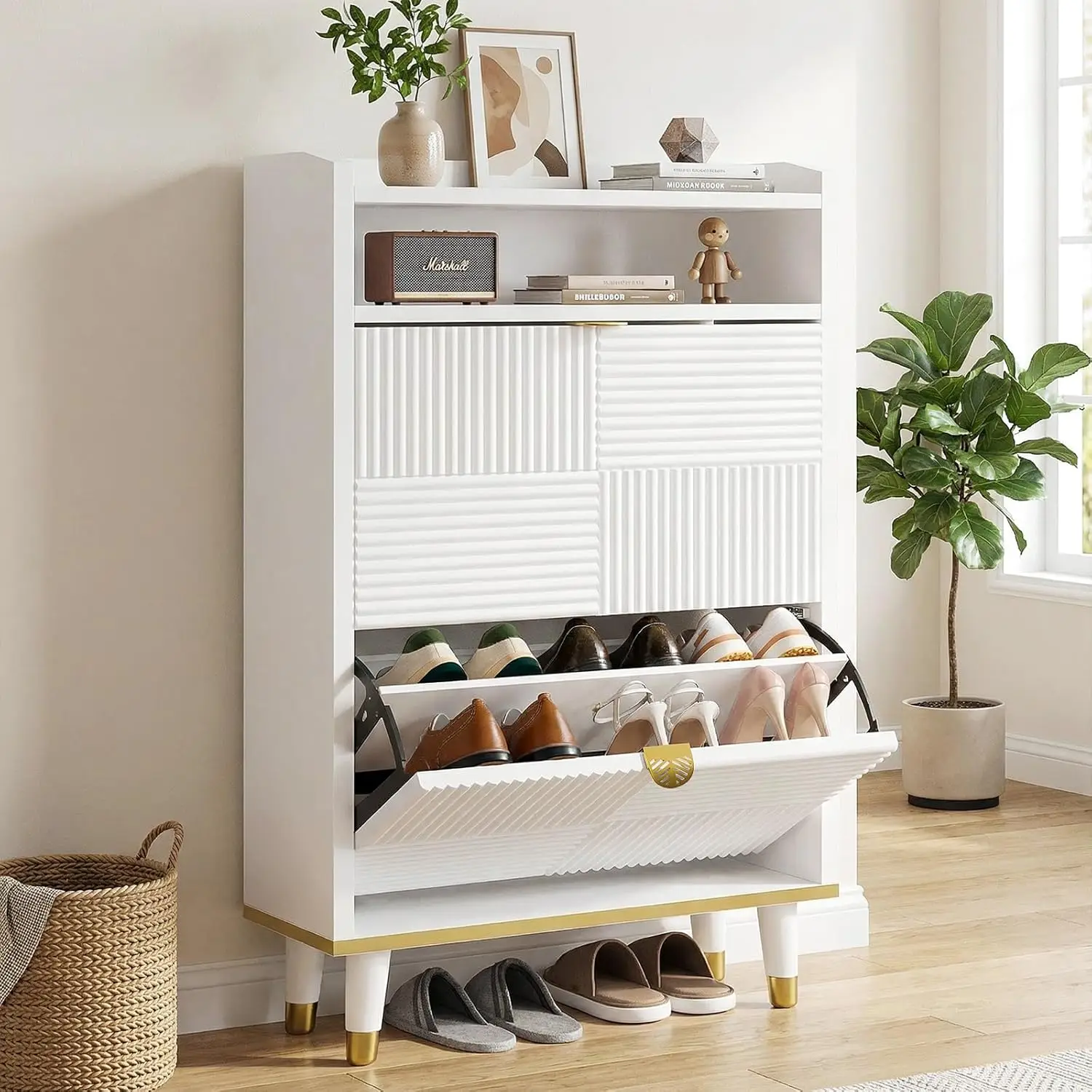 Fluted Shoe Cabinet With 2 Flip Drawers Open Hidden Slim Storage For Entryway Hallway, Customized
Fluted Shoe Cabinet With 2 Flip Drawers Open Hidden Slim Storage For Entryway Hallway, Customized