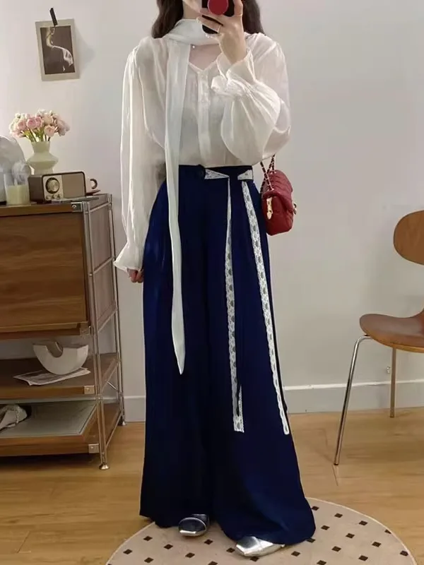 White V-neck Lace Shirt And Blue Long Pants Women's Casual Fashion Set High Waist Slimming Necktie Autumn Ensemble
White V-neck Lace Shirt And Blue Long Pants Women's Casual Fashion Set High Waist Slimming Necktie Autumn Ensemble