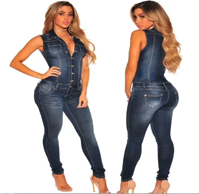 Turn Down Collar Women Sleeveless One Piece Single Breasted Tight High Waist Overalls Slim Denim Jumpsuits Long Pants Rompers
Turn Down Collar Women Sleeveless One Piece Single Breasted Tight High Waist Overalls Slim Denim Jumpsuits Long Pants Rompers