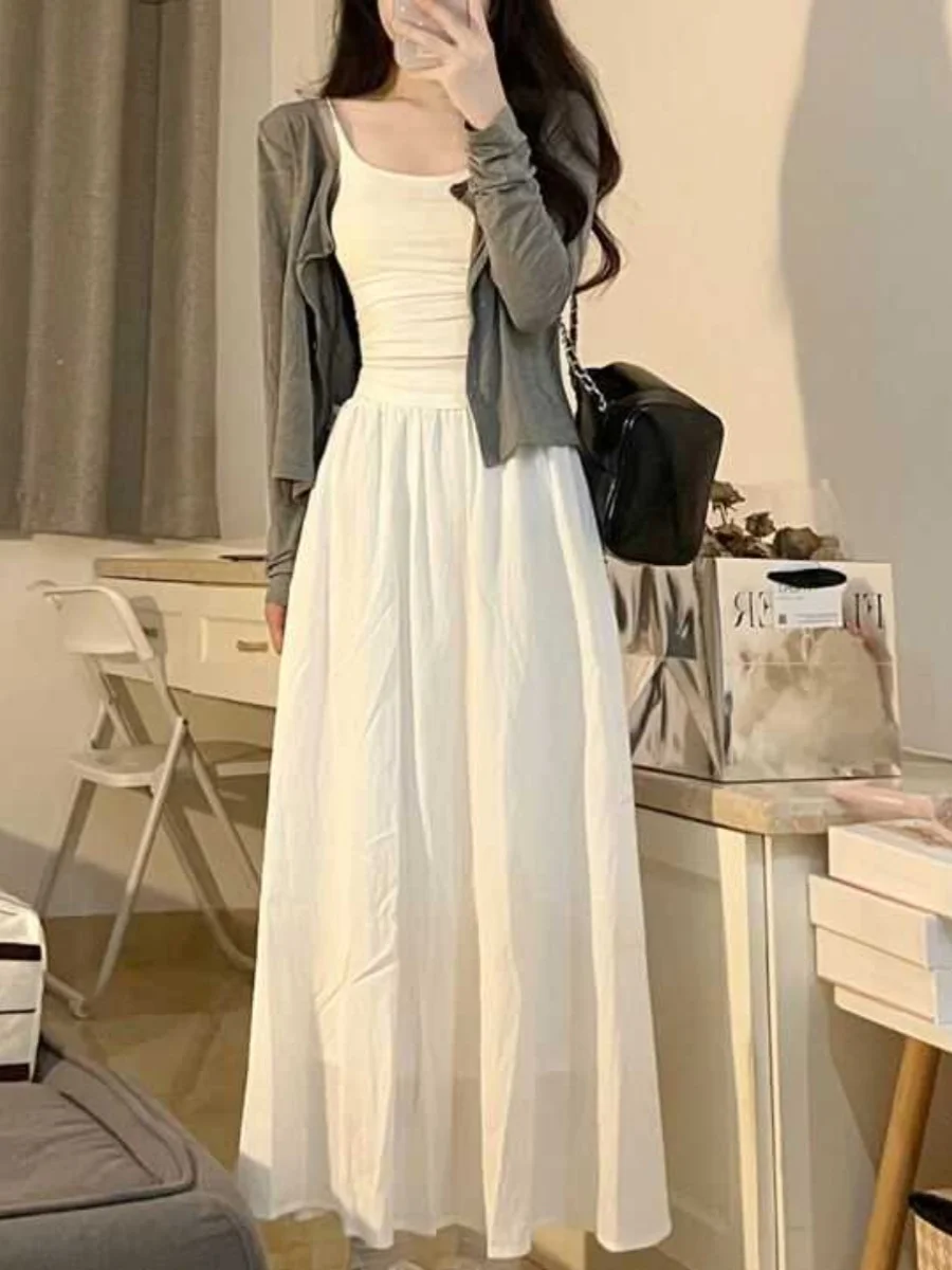 Sweet Soft Style Long Sleeve Thin Cardigan Strap Vest Three Piece Set Women Spring Autumn High Waist Skirt Long Dress
Sweet Soft Style Long Sleeve Thin Cardigan Strap Vest Three Piece Set Women Spring Autumn High Waist Skirt Long Dress