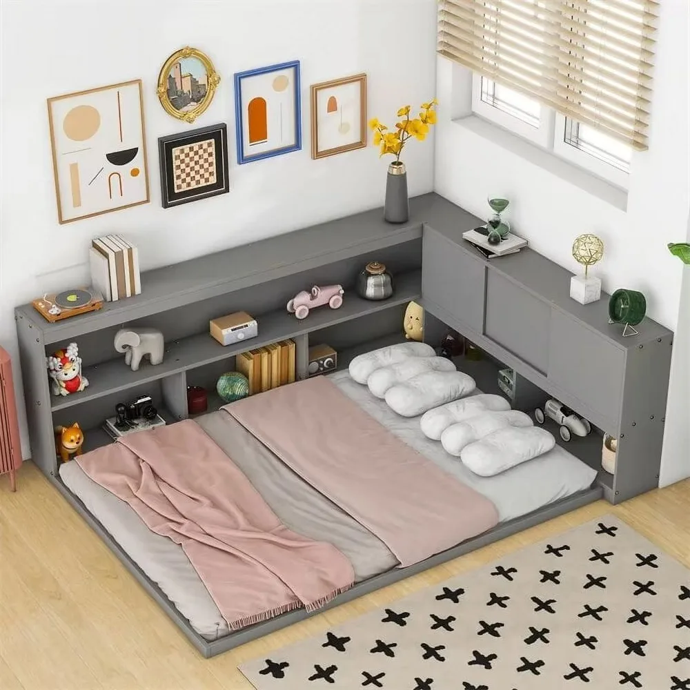 Daybed with L-Shaped Bookcases, Full Size Corner Floor Bed Frame with Sliding Doors, Wood Daybed Frame without Slats for Kids
Daybed with L-Shaped Bookcases, Full Size Corner Floor Bed Frame with Sliding Doors, Wood Daybed Frame without Slats for Kids