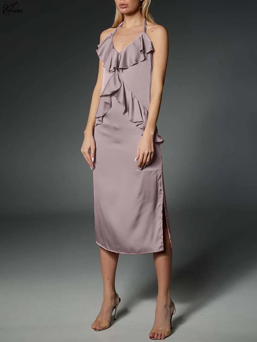 Oymimi Fashion Purple Slim Womens Dresses Elegant Halter Neck Open Back Ruffled Dresses Casual Side Slit Mid-Calf Dress Female
Oymimi Fashion Purple Slim Womens Dresses Elegant Halter Neck Open Back Ruffled Dresses Casual Side Slit Mid-Calf Dress Female