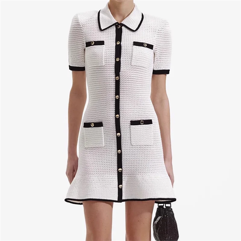 Women's dress New elastic knitted mini dress for summer 2025 Multi pocket short dresses Single breasted slim fit party dresses 
Women's dress New elastic knitted mini dress for summer 2025 Multi pocket short dresses Single breasted slim fit party dresses