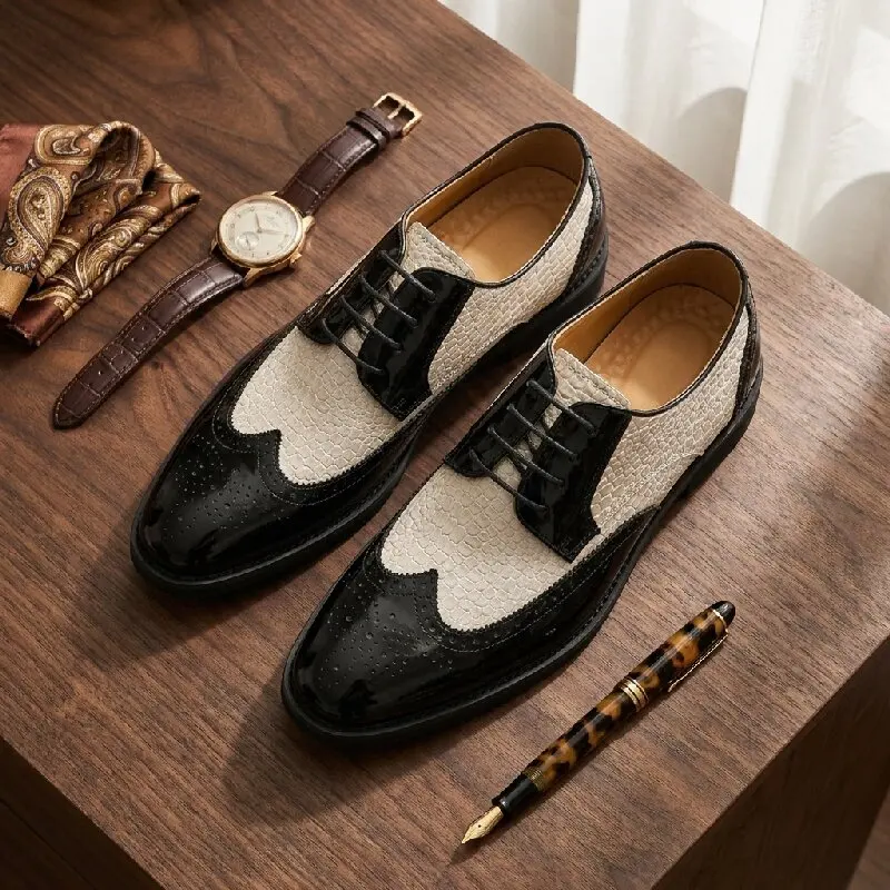 Fashionable Men Glossy Leather Oxford Shoes Patchwork Pointed-toe Brogue Formal Dress Shoes Wedding Party Business Derby Shoes
Fashionable Men Glossy Leather Oxford Shoes Patchwork Pointed-toe Brogue Formal Dress Shoes Wedding Party Business Derby Shoes