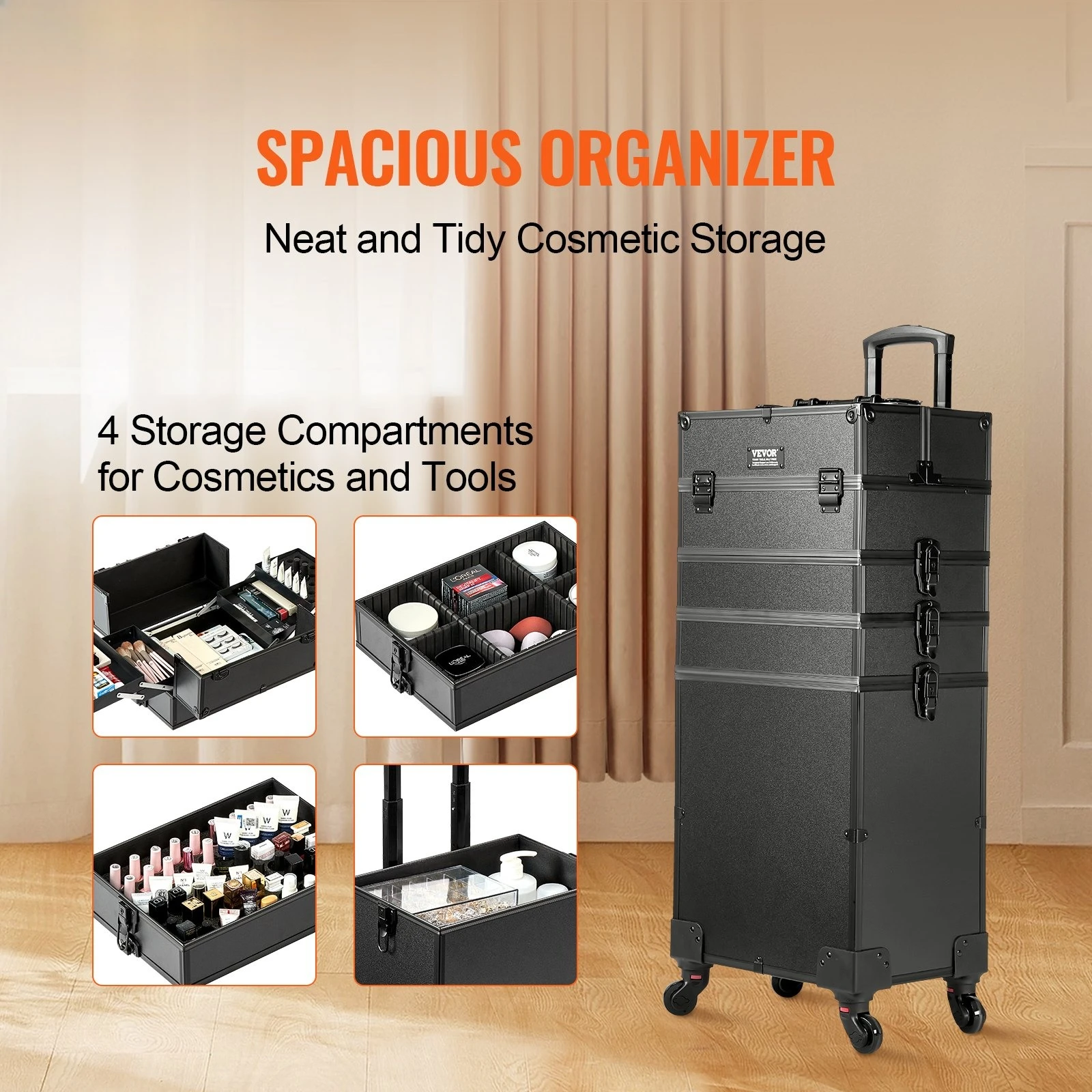 5 In 1 Professional Makeup Train Case Aluminum Cosmetic Case, Rolling Makeup Case Extra Large Trolley Makeup Travel Organizer, With 360° Swivel Wheels & Adjustable Pull Rod, Black
5 In 1 Professional Makeup Train Case Aluminum Cosmetic Case, Rolling Makeup Case Extra Large Trolley Makeup Travel Organizer, With 360° Swivel Wheels & Adjustable Pull Rod, Black