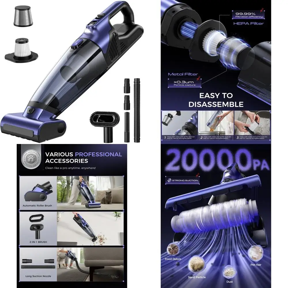 Cordless 20,000PA High Power Pet Hair Vacuum with Motorized Brush, LED Light & Reusable Filter for Car, Home, Office
Cordless 20,000PA High Power Pet Hair Vacuum with Motorized Brush, LED Light & Reusable Filter for Car, Home, Office