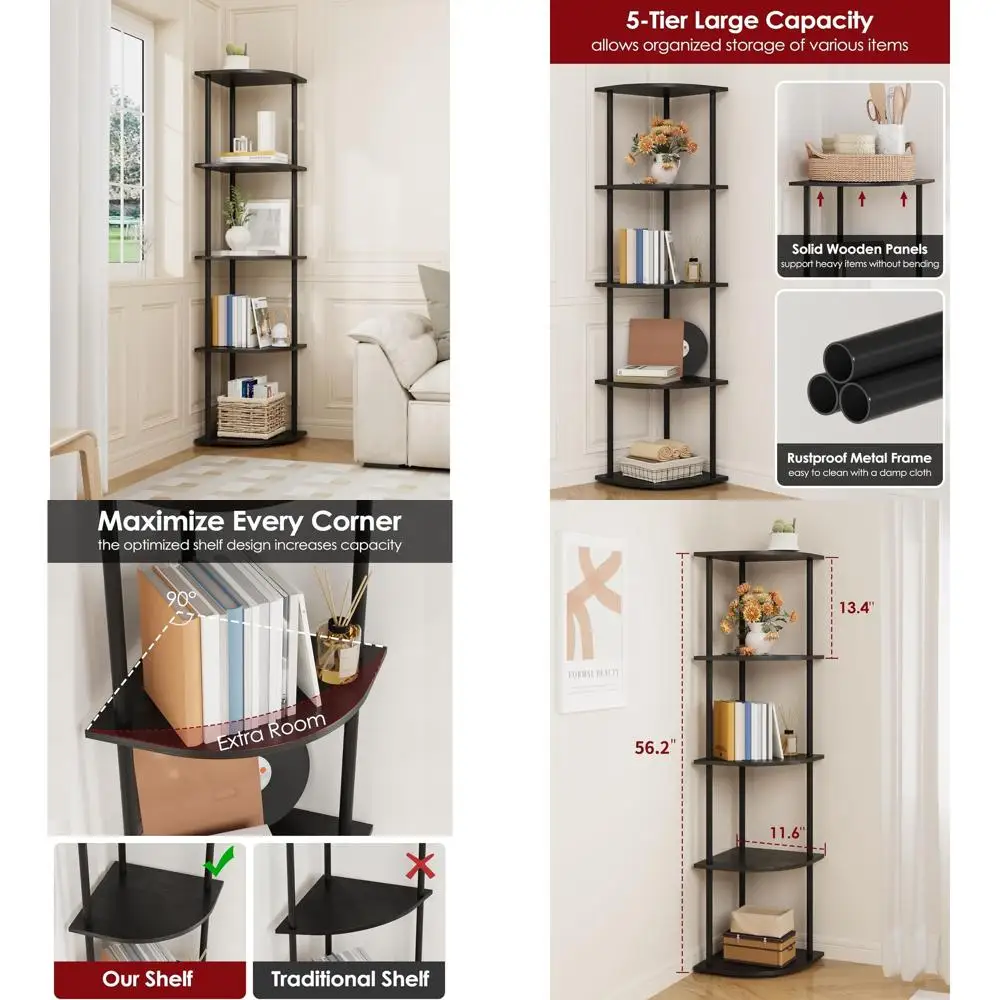 5-Tier Corner Bookshelf, Rustproof Metal, Wall Anchors, Non-Slip Feet, 11.6x11.6x56.2, Black
5-Tier Corner Bookshelf, Rustproof Metal, Wall Anchors, Non-Slip Feet, 11.6x11.6x56.2, Black