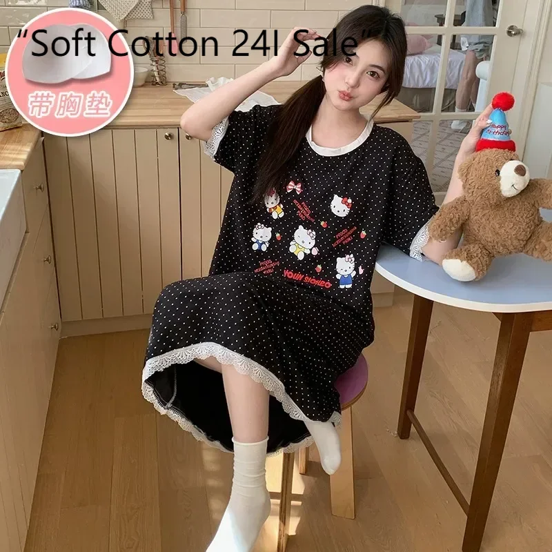 Summer new black round neck with chest pad cloud cotton cartoon Hello Kitty nightdress sweet lace long dress loungewear
Summer new black round neck with chest pad cloud cotton cartoon Hello Kitty nightdress sweet lace long dress loungewear