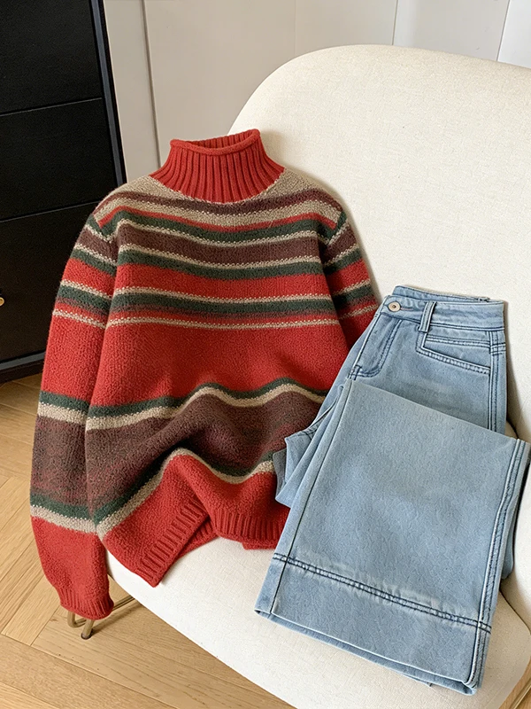plus Size Vintage Striped Color Block Cuffed High Neck Long Sleeve Knitted Sweater Women's Base Layer Slimming Spring 2026
plus Size Vintage Striped Color Block Cuffed High Neck Long Sleeve Knitted Sweater Women's Base Layer Slimming Spring 2026
