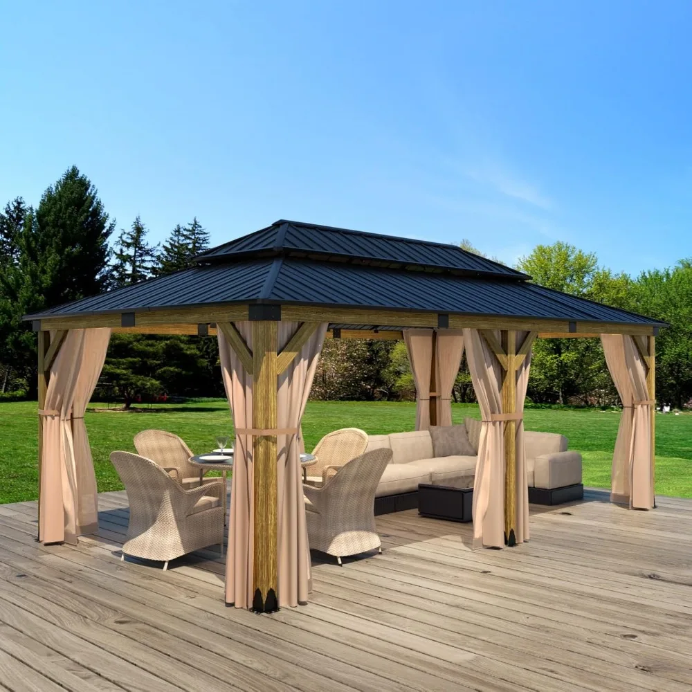 Outdoor Cedar Wood Gazebo, 2-Tier Metal Hardtop Wooden Frame Gazebo for Patio with Privacy Curtains and Mosquito Nettings
Outdoor Cedar Wood Gazebo, 2-Tier Metal Hardtop Wooden Frame Gazebo for Patio with Privacy Curtains and Mosquito Nettings
