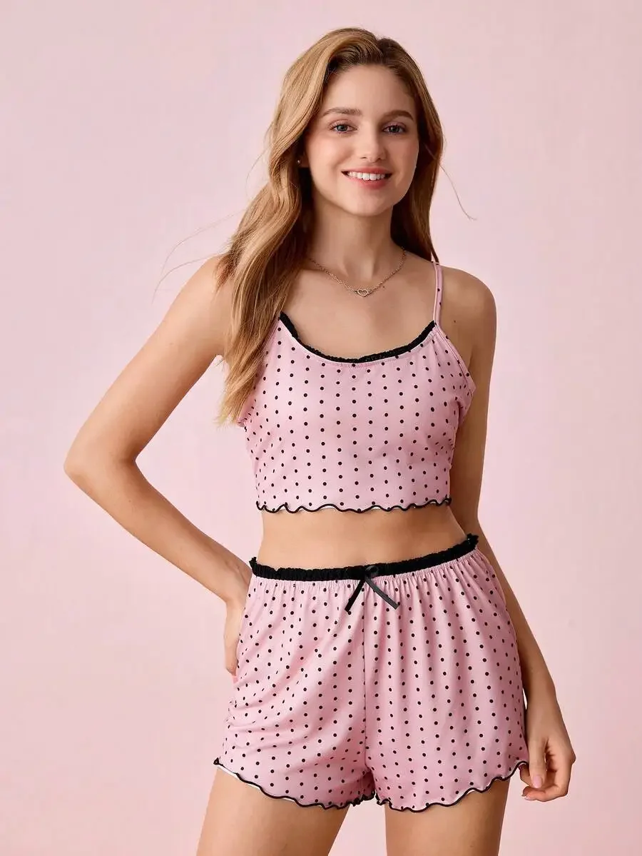 Polka Dot Print Lace Trim Bow Front Pajama Set For Women Summer
Polka Dot Print Lace Trim Bow Front Pajama Set For Women Summer