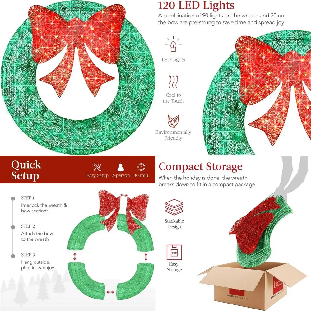 36 Inch Pre-lit Outdoor Christmas Wreath with 120 LED Lights, Metal Holiday Decoration for Home, Green Bow - Long-lasting Festiv
36 Inch Pre-lit Outdoor Christmas Wreath with 120 LED Lights, Metal Holiday Decoration for Home, Green Bow - Long-lasting Festiv