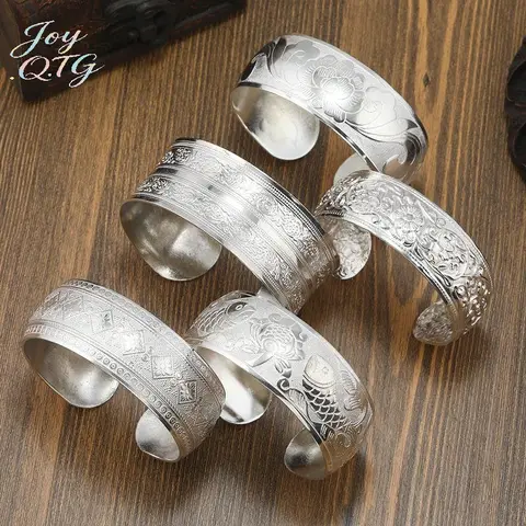 New Bohemian Ethnic Style Retro Silver Wide Bracelet For Women Carved Flower Opening Fashionable Bracelet Boho Vintage Jewelry