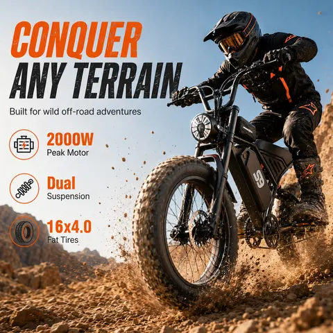 ASKGO Adult Electric Bike, 2000W Power 28MPH Max Speed Electric Mountain Bike, 48V 20AH, 65Miles Range, 16" Fat Tire Off‑Road