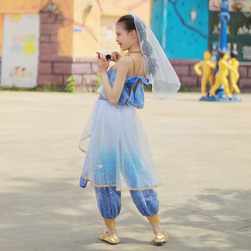 Girls Bollywood Dance Jasmine Princess Costumes Belly Dance Indian Sari Children Top Pants waist chain veil necklace Set 5 pcs
Girls Bollywood Dance Jasmine Princess Costumes Belly Dance Indian Sari Children Top Pants waist chain veil necklace Set 5 pcs