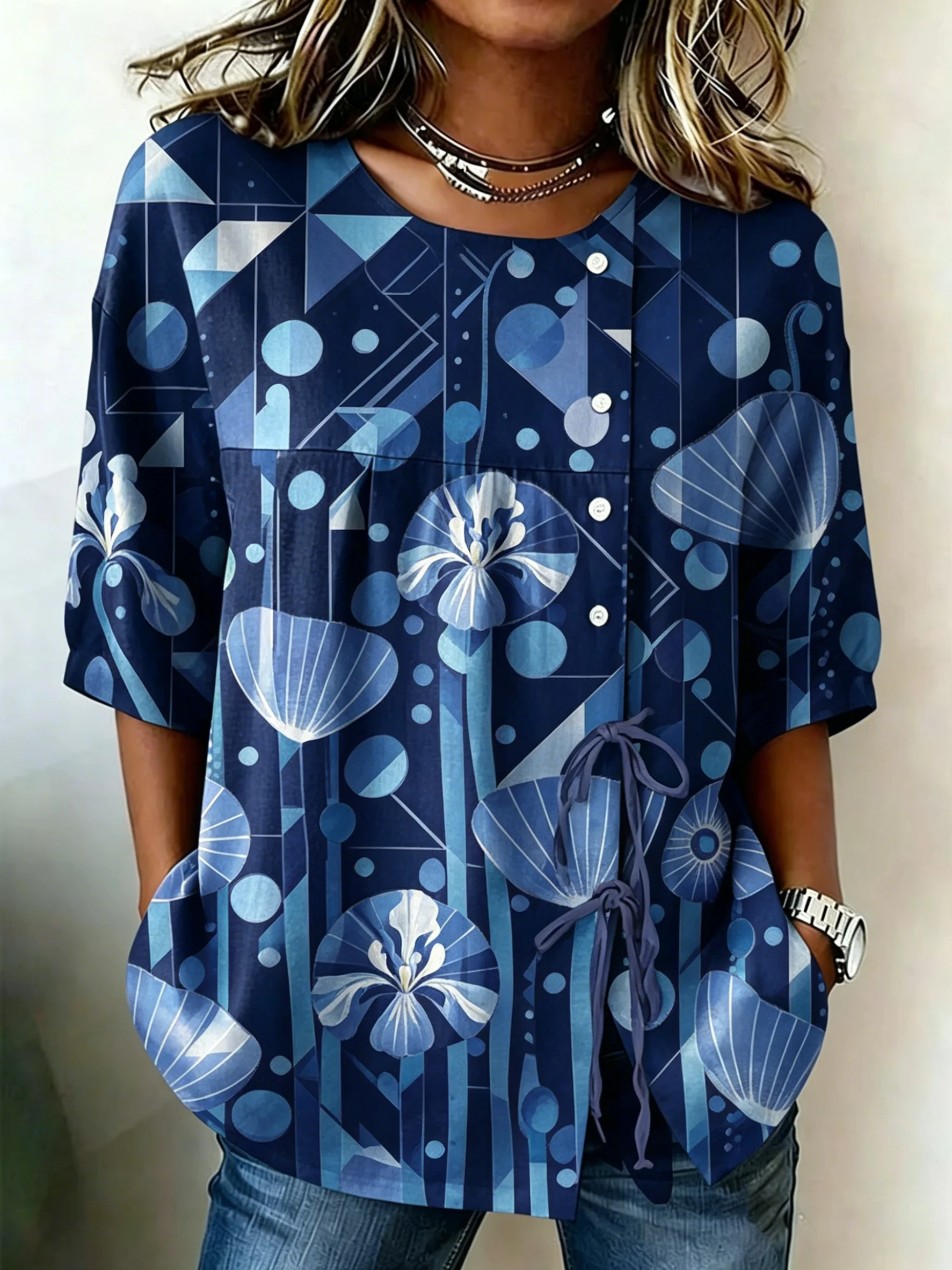 Women's Spring Summer Drawstring Blouse, Blue Geometric Floral Print Casual Tops for Daily Street Holiday Dating Leisure Outfit
Women's Spring Summer Drawstring Blouse, Blue Geometric Floral Print Casual Tops for Daily Street Holiday Dating Leisure Outfit
