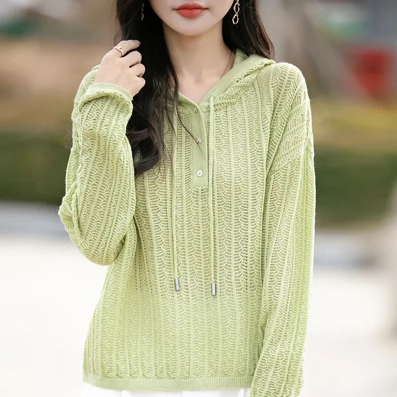 Pop Spring Summer Hot Sale Knitted Hooded Wool Sweater Women Long Sleeve Tops Solid Color Hollow Out Female Fashion Loose Pullov
Pop Spring Summer Hot Sale Knitted Hooded Wool Sweater Women Long Sleeve Tops Solid Color Hollow Out Female Fashion Loose Pullov
