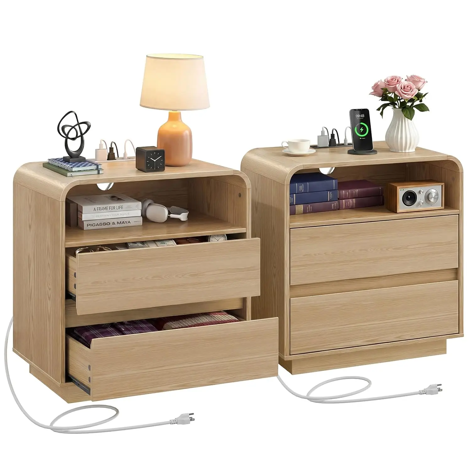 Wide Round Nightstand Set Charging Station 2 Drawers Curved Modern Bedroom End Table Oak, Customized
Wide Round Nightstand Set Charging Station 2 Drawers Curved Modern Bedroom End Table Oak, Customized