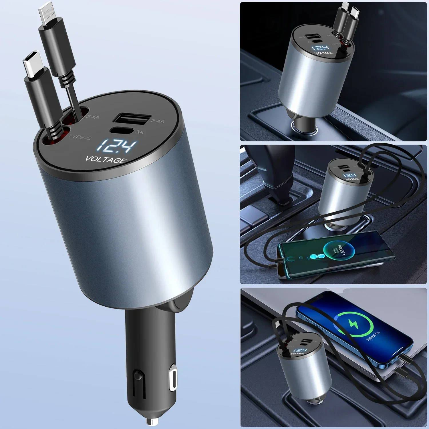 4 in 1 100W Car Charger USB/Type-C Cable For IPhone Xiaomi Huawei Samsung Retractable Fast Charge Cord Cigarette Lighter Adapter
4 in 1 100W Car Charger USB/Type-C Cable For IPhone Xiaomi Huawei Samsung Retractable Fast Charge Cord Cigarette Lighter Adapter