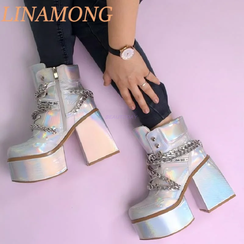 Silver Chain Short Boots Elegant Shiny Leather Strap Side Zipper Design Ultra-High Waterproof Platform Thick Heel Ankle Boots
Silver Chain Short Boots Elegant Shiny Leather Strap Side Zipper Design Ultra-High Waterproof Platform Thick Heel Ankle Boots