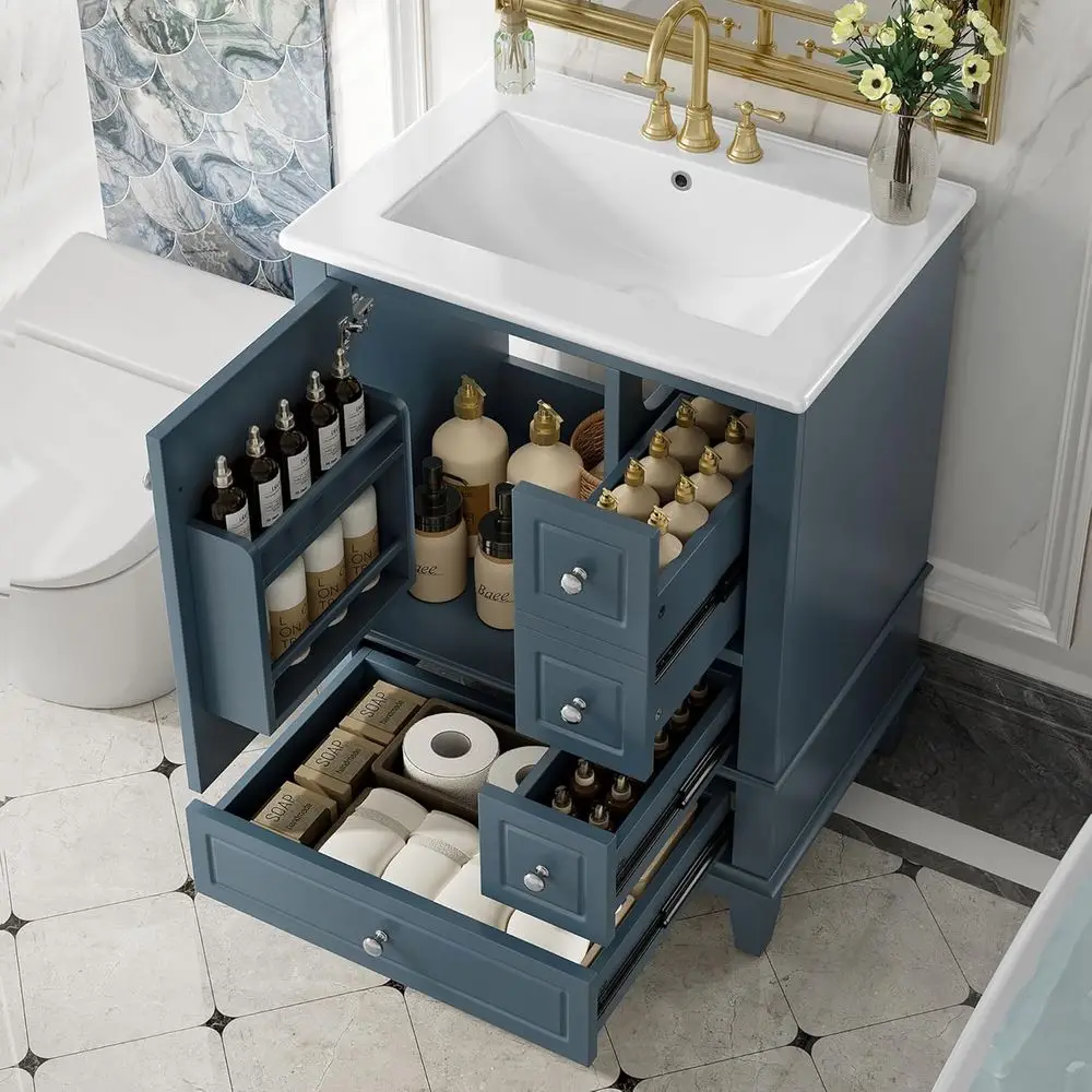 24" Bathroom Vanity with Sink, ree Standing Single Vanity Set with 3 Ders and One Door with Storage Racks, Wooden Storage Cabine
24" Bathroom Vanity with Sink, ree Standing Single Vanity Set with 3 Ders and One Door with Storage Racks, Wooden Storage Cabine
