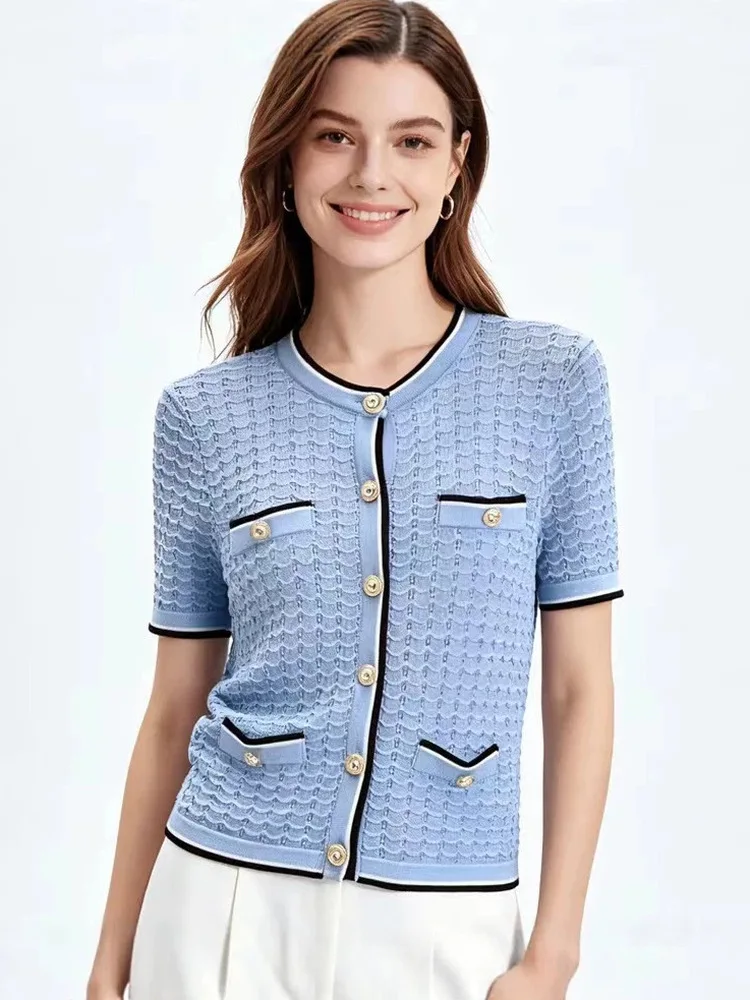 High-End Version Color Block Knitted Short Sleeve round Neck Open Cardigan Women's Fashion Top Golden Buckle Elegant Style
High-End Version Color Block Knitted Short Sleeve round Neck Open Cardigan Women's Fashion Top Golden Buckle Elegant Style