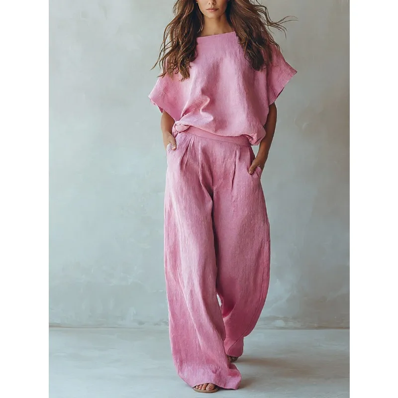 Solid Color Linen Matching Set Women Batwing Sleeve Drop Shoulder Top Elastic Waist Wide Leg Pants Elegant Casual Holiday 2026
Solid Color Linen Matching Set Women Batwing Sleeve Drop Shoulder Top Elastic Waist Wide Leg Pants Elegant Casual Holiday 2026