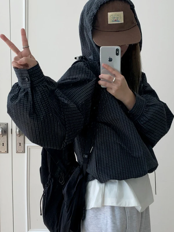 Slimming Plaid irt Women's Hooded Loose Fit Zipper Dstring ort Coat Cotton Long Sve Casual Versatile Outerwear
Slimming Plaid irt Women's Hooded Loose Fit Zipper Dstring ort Coat Cotton Long Sve Casual Versatile Outerwear