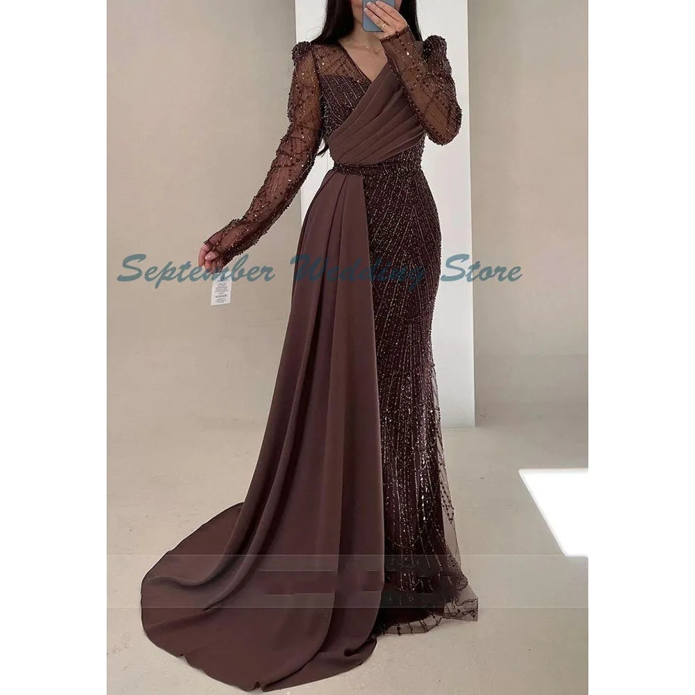 Brown Evening Dress V Neck High Quality Long Sleeves Beading Alliques Sequins Shine Prom Party Female Gown Exquisite Perspective
Brown Evening Dress V Neck High Quality Long Sleeves Beading Alliques Sequins Shine Prom Party Female Gown Exquisite Perspective